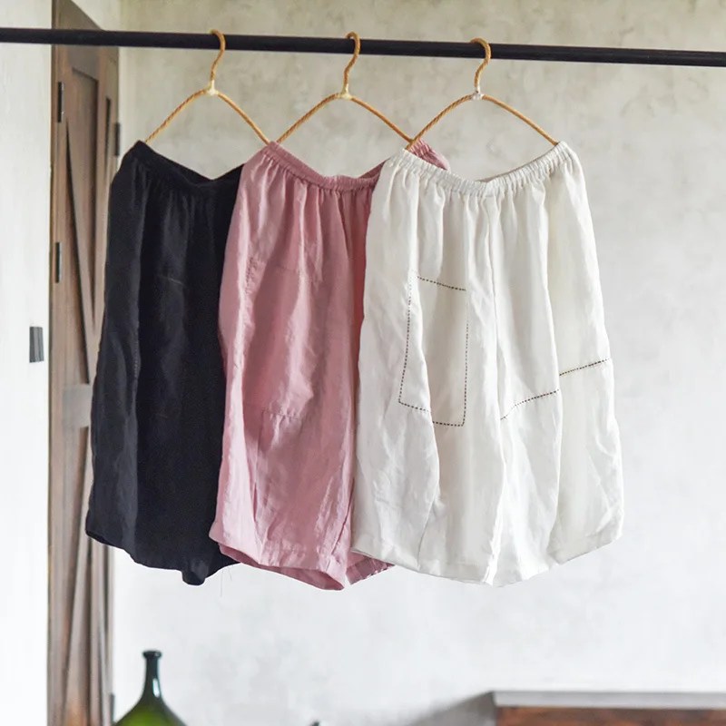 100% Linen Women Casual Calf-length Pants New Arrival 2025 Summer Vintage Style Loose Comfortable Female Wide Leg Pants M989