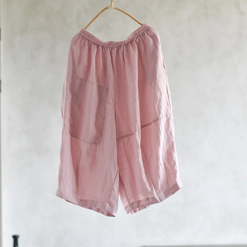100% Linen Women Casual Calf-length Pants New Arrival 2025 Summer Vintage Style Loose Comfortable Female Wide Leg Pants M989