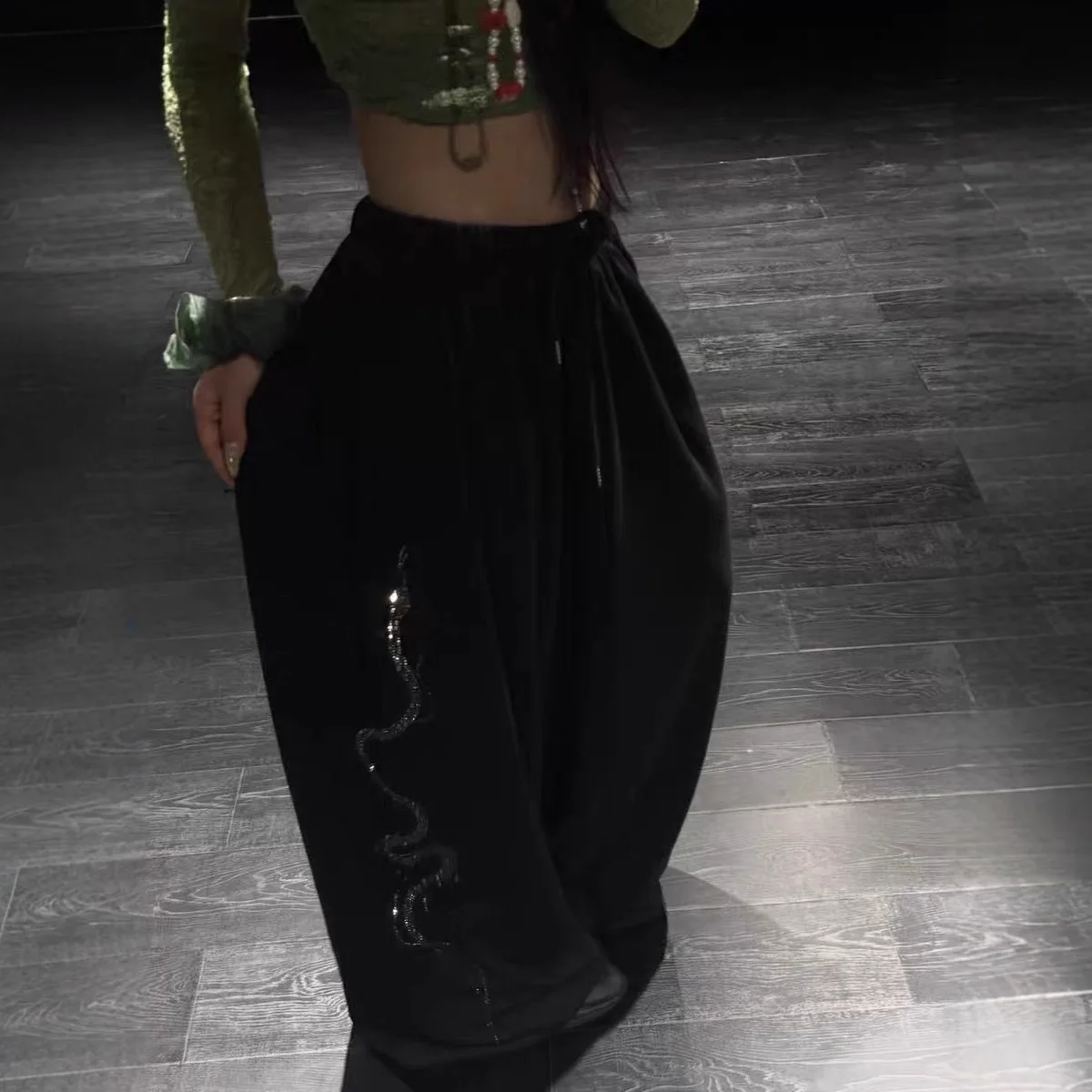 Women Men Y2K Snake Rhinestone Wide Leg Pants Casual High Waist Baggy Sweatpants Streetwear