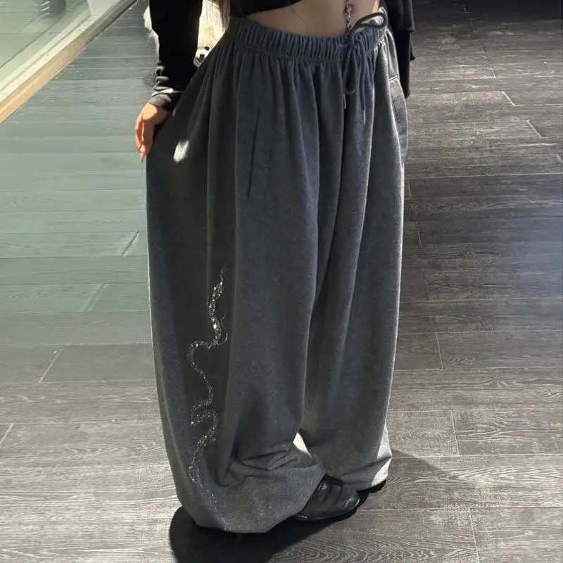 Women Men Y2K Snake Rhinestone Wide Leg Pants Casual High Waist Baggy Sweatpants Streetwear