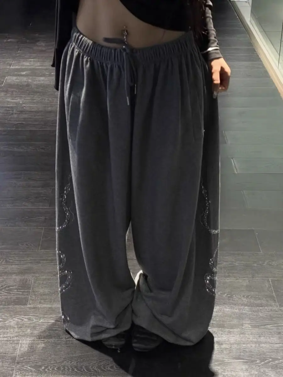 Women Men Y2K Snake Rhinestone Wide Leg Pants Casual High Waist Baggy Sweatpants Streetwear