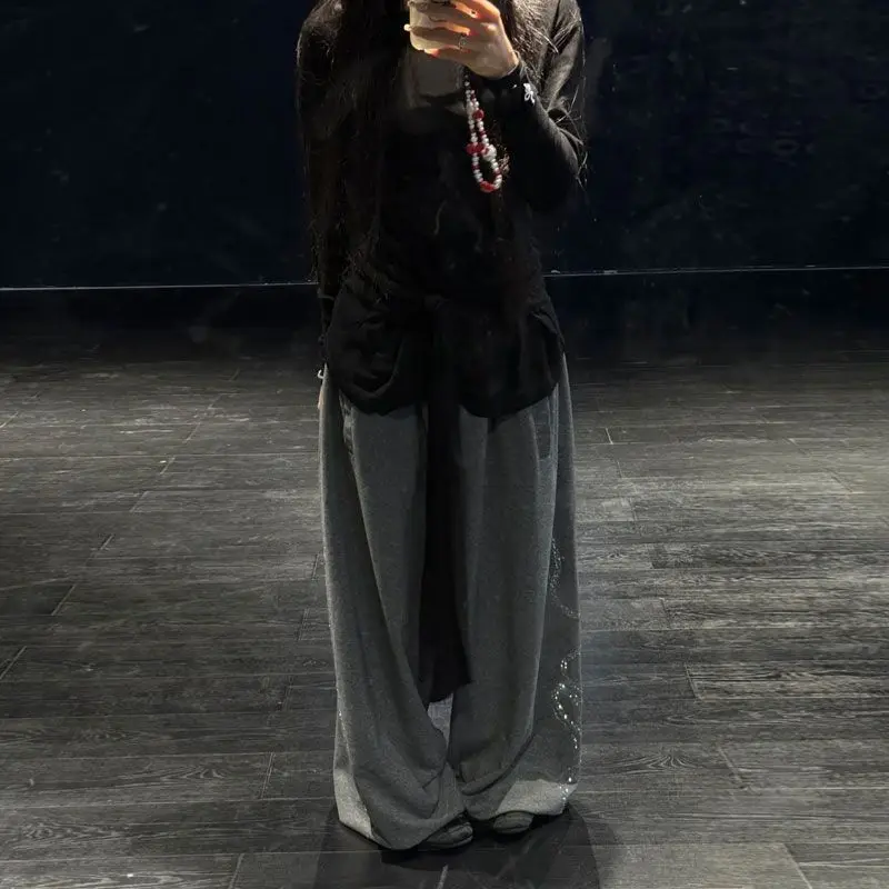 Women Men Y2K Snake Rhinestone Wide Leg Pants Casual High Waist Baggy Sweatpants Streetwear