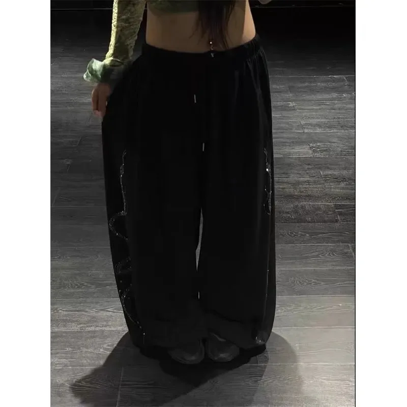 Women Men Y2K Snake Rhinestone Wide Leg Pants Casual High Waist Baggy Sweatpants Streetwear