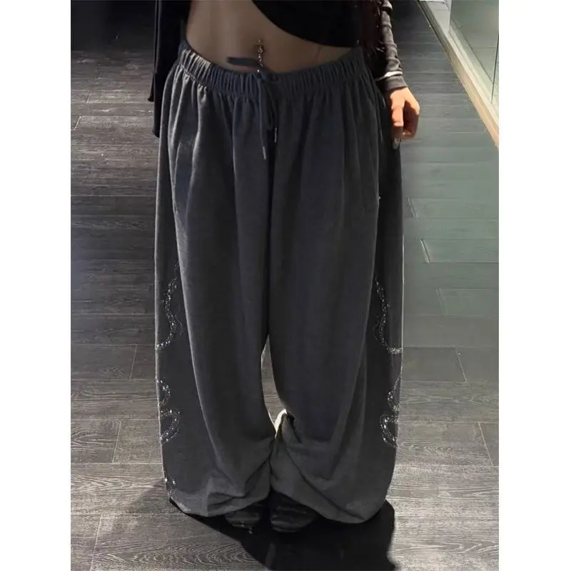 Women Men Y2K Snake Rhinestone Wide Leg Pants Casual High Waist Baggy Sweatpants Streetwear