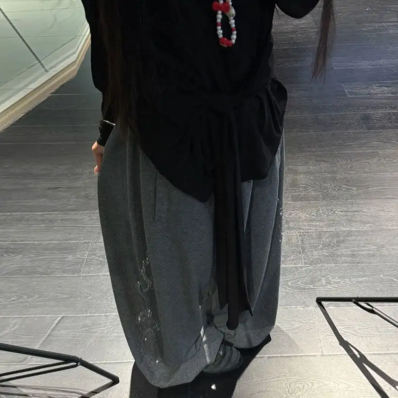 Women Men Y2K Snake Rhinestone Wide Leg Pants Casual High Waist Baggy Sweatpants Streetwear