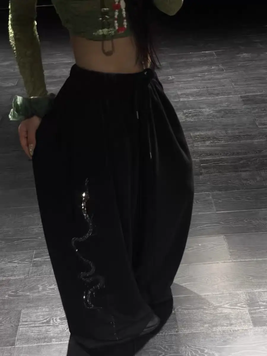 Women Men Y2K Snake Rhinestone Wide Leg Pants Casual High Waist Baggy Sweatpants Streetwear
