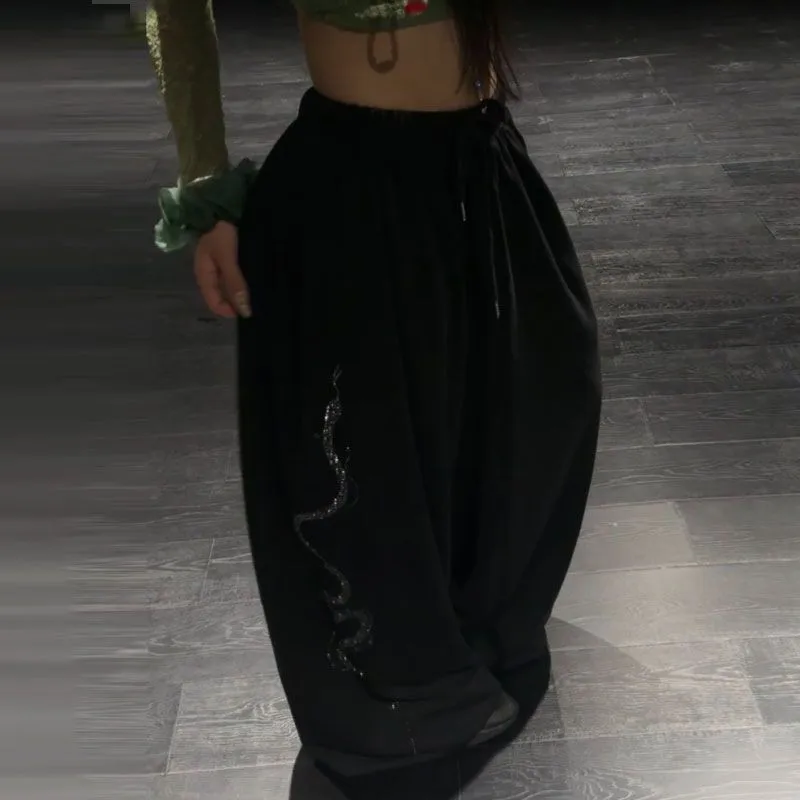 Women Men Y2K Snake Rhinestone Wide Leg Pants Casual High Waist Baggy Sweatpants Streetwear