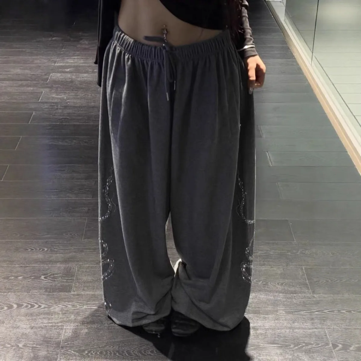 Women Men Y2K Snake Rhinestone Wide Leg Pants Casual High Waist Baggy Sweatpants Streetwear