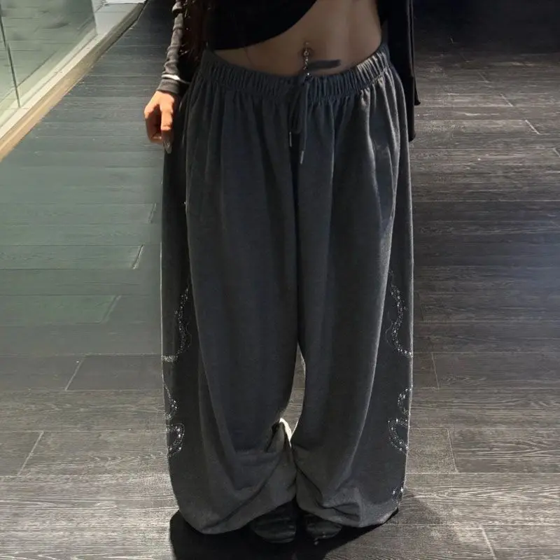 Women Men Y2K Snake Rhinestone Wide Leg Pants Casual High Waist Baggy Sweatpants Streetwear