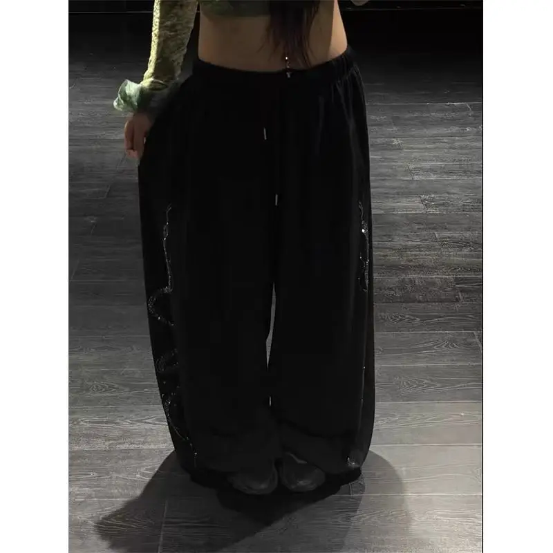 Women Men Y2K Snake Rhinestone Wide Leg Pants Casual High Waist Baggy Sweatpants Streetwear