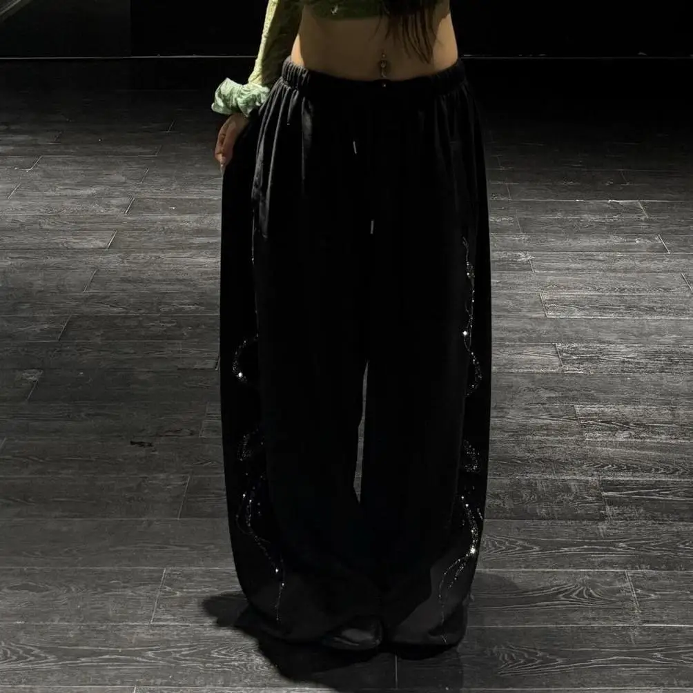 Women Men Y2K Snake Rhinestone Wide Leg Pants Casual High Waist Baggy Sweatpants Streetwear