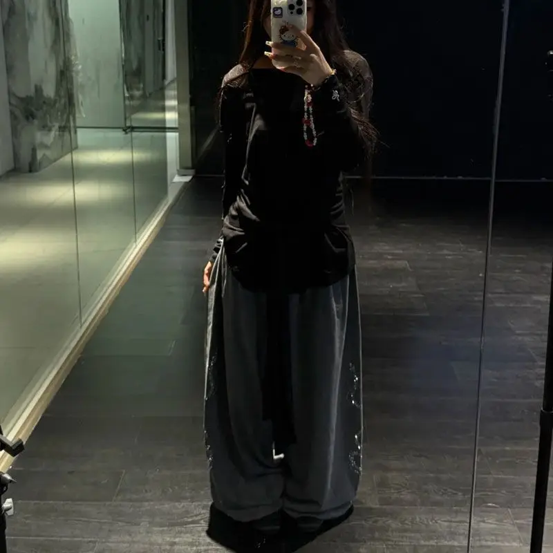 Women Men Y2K Snake Rhinestone Wide Leg Pants Casual High Waist Baggy Sweatpants Streetwear