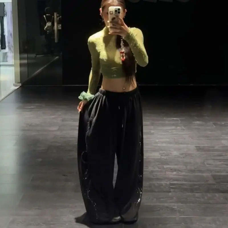 Women Men Y2K Snake Rhinestone Wide Leg Pants Casual High Waist Baggy Sweatpants Streetwear