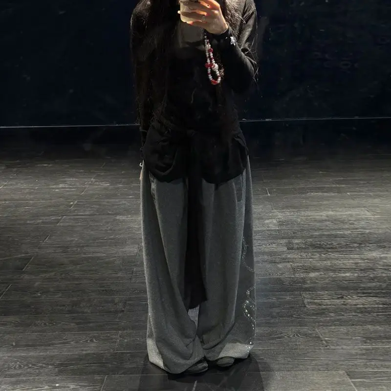 Women Men Y2K Snake Rhinestone Wide Leg Pants Casual High Waist Baggy Sweatpants Streetwear