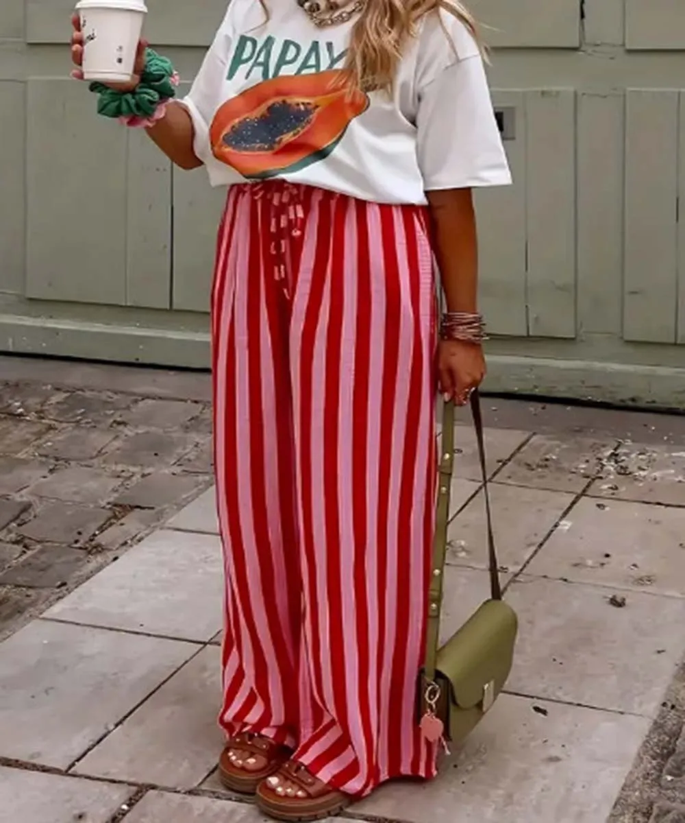 2026 Spring Summer Women's Casual Loose Color Block Striped Print Straight Leg Pants Trousers