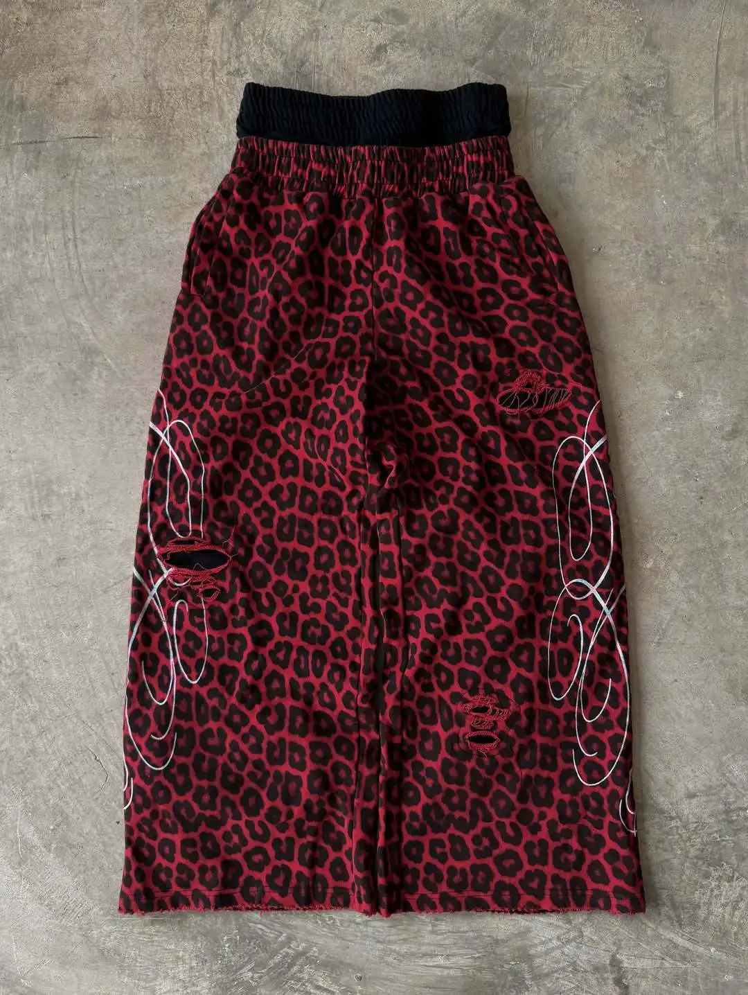 Retro Loose Y2K American Leopard Print Casual Pants Stretch Retro Punk Embroidered Rope Sweatpants Jogging Mens Straight Pants
