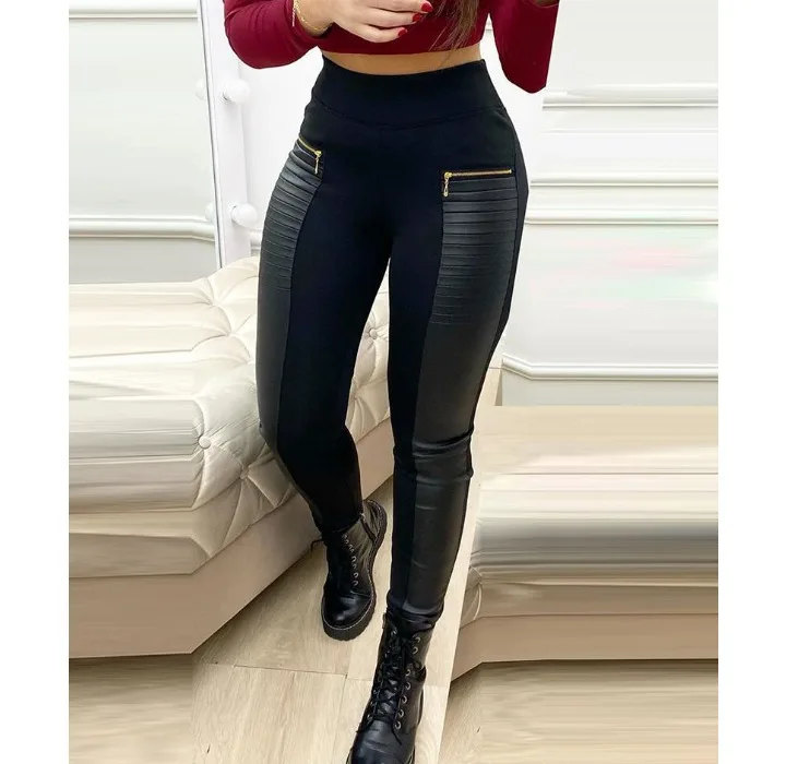 Skinny Pants Women Streetwear Contrast Zipper Detail New Fashion Elegant Leather Casual Bottom Trousers for Female Spring 2024