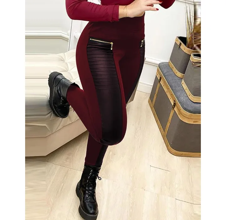 Skinny Pants Women Streetwear Contrast Zipper Detail New Fashion Elegant Leather Casual Bottom Trousers for Female Spring 2024