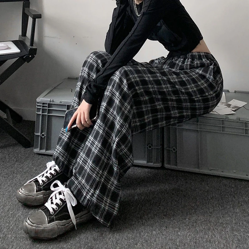 Jmprs Oversize Women Sweatpants Summer Fashion Black Plaid Casual Pants Elastic Waist Casual Pockets Student Trousers