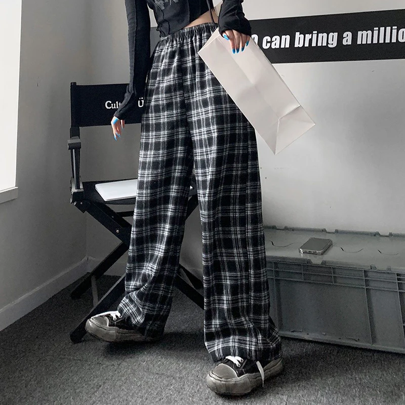 Jmprs Oversize Women Sweatpants Summer Fashion Black Plaid Casual Pants Elastic Waist Casual Pockets Student Trousers