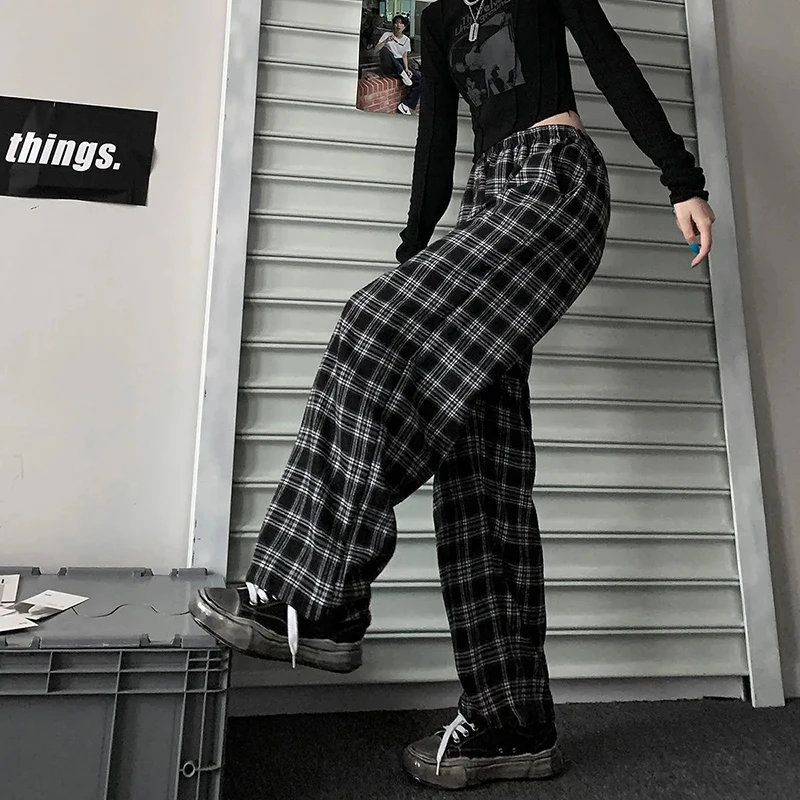 Jmprs Oversize Women Sweatpants Summer Fashion Black Plaid Casual Pants Elastic Waist Casual Pockets Student Trousers