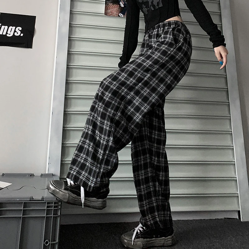 Jmprs Oversize Women Sweatpants Summer Fashion Black Plaid Casual Pants Elastic Waist Casual Pockets Student Trousers