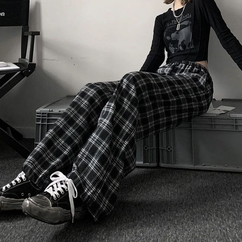 Jmprs Oversize Women Sweatpants Summer Fashion Black Plaid Casual Pants Elastic Waist Casual Pockets Student Trousers