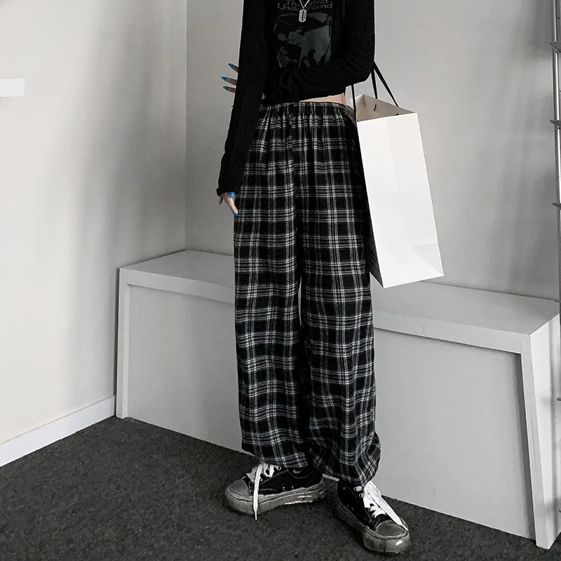 Jmprs Oversize Women Sweatpants Summer Fashion Black Plaid Casual Pants Elastic Waist Casual Pockets Student Trousers