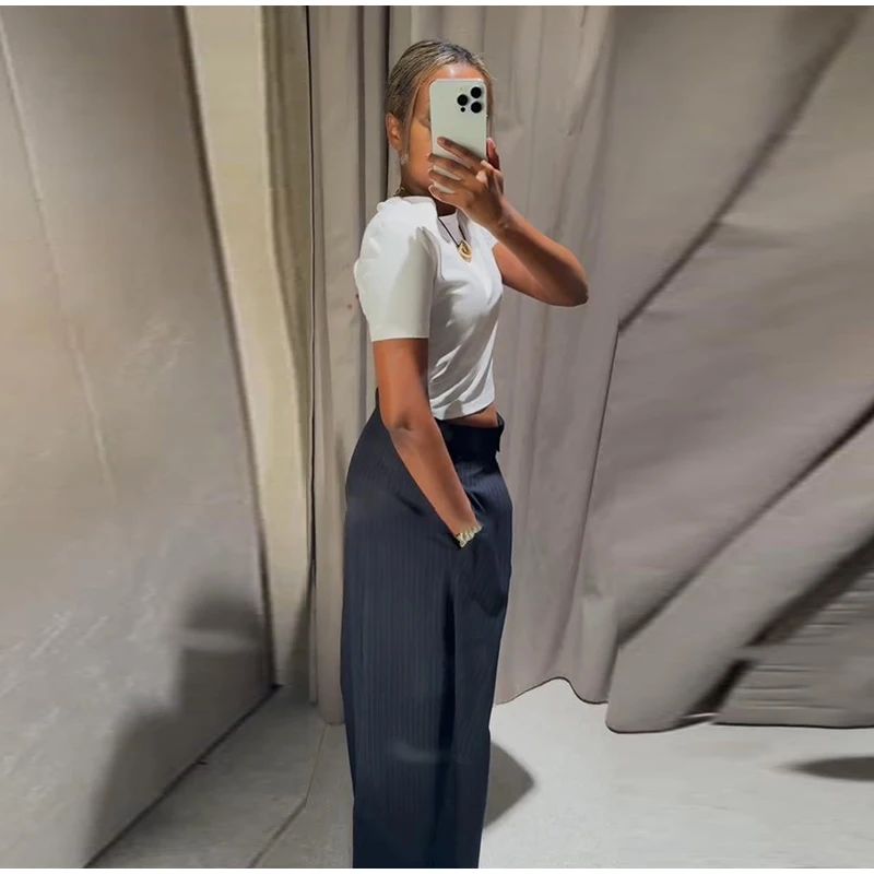 Fashion Stripe Pleated Wide Leg Pants For Women Elegant Pockets High Waist Long Trousers 2025 Autumn Lady High Street Chic Pants