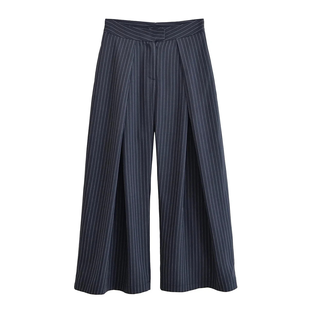 Fashion Stripe Pleated Wide Leg Pants For Women Elegant Pockets High Waist Long Trousers 2025 Autumn Lady High Street Chic Pants