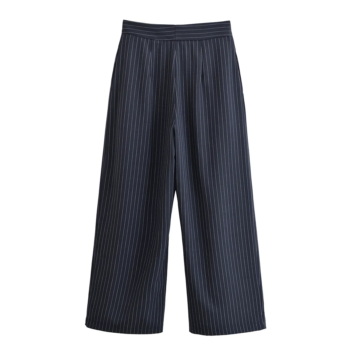 Fashion Stripe Pleated Wide Leg Pants For Women Elegant Pockets High Waist Long Trousers 2025 Autumn Lady High Street Chic Pants