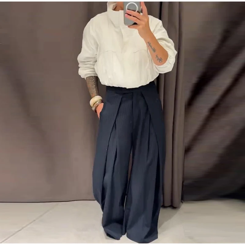 Fashion Stripe Pleated Wide Leg Pants For Women Elegant Pockets High Waist Long Trousers 2025 Autumn Lady High Street Chic Pants