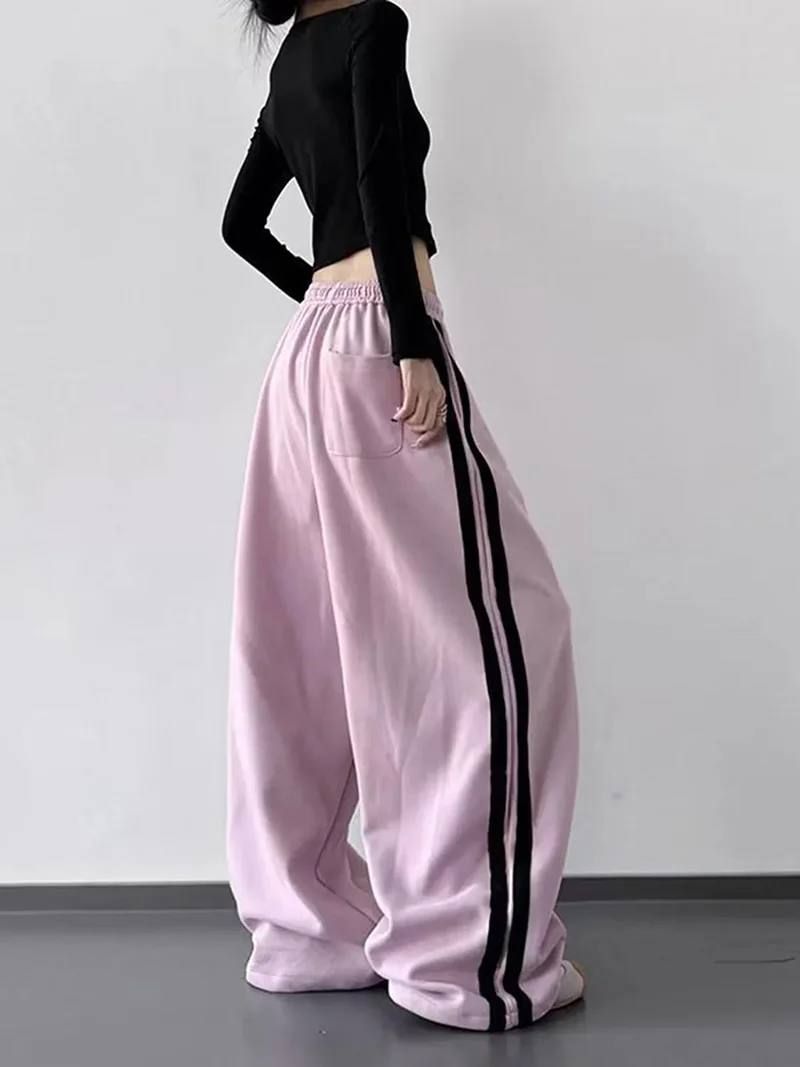 Y2K Vintage Striped Sweatpants Women Streetwear American Hip Hop Loose Pants Retro High Waist Casual Lace Up Spring Bf Trousers