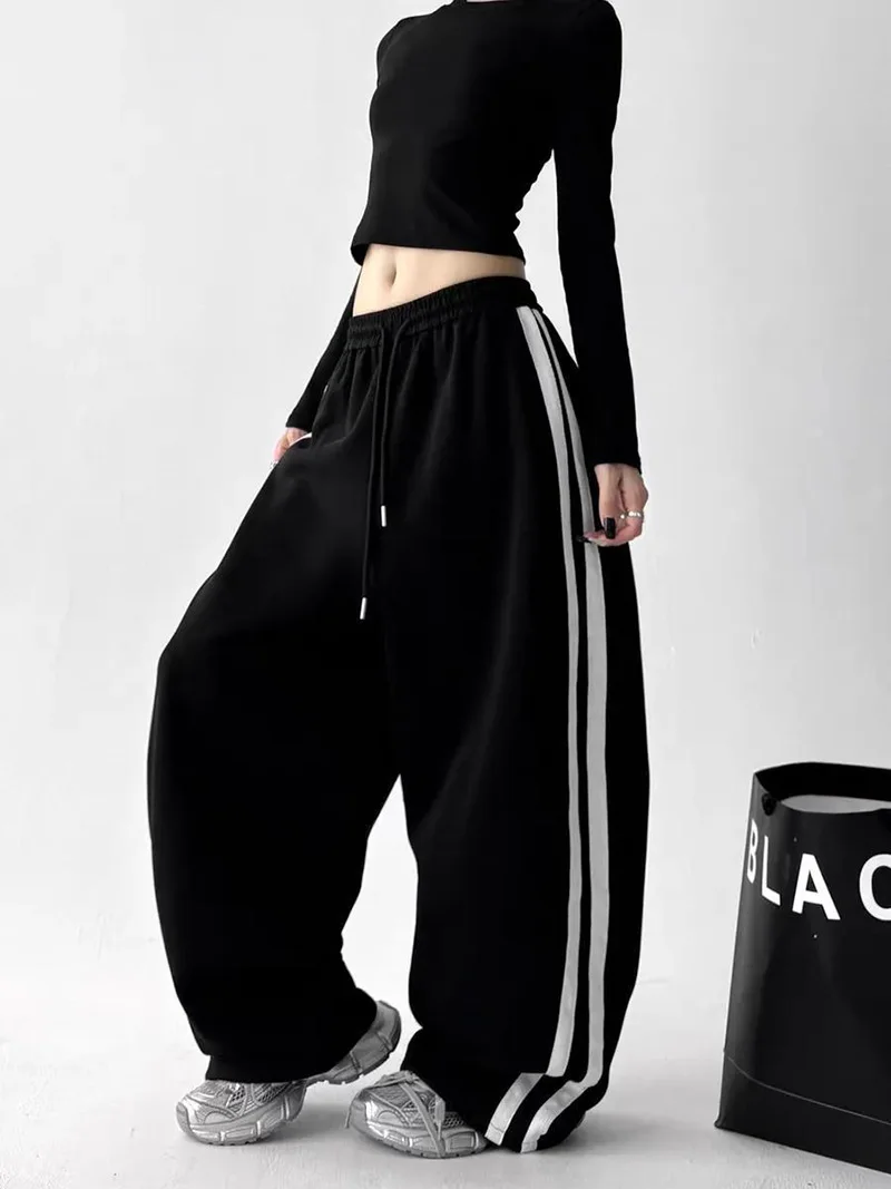 Y2K Vintage Striped Sweatpants Women Streetwear American Hip Hop Loose Pants Retro High Waist Casual Lace Up Spring Bf Trousers