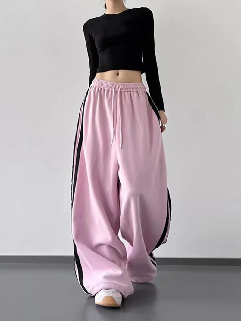 Y2K Vintage Striped Sweatpants Women Streetwear American Hip Hop Loose Pants Retro High Waist Casual Lace Up Spring Bf Trousers