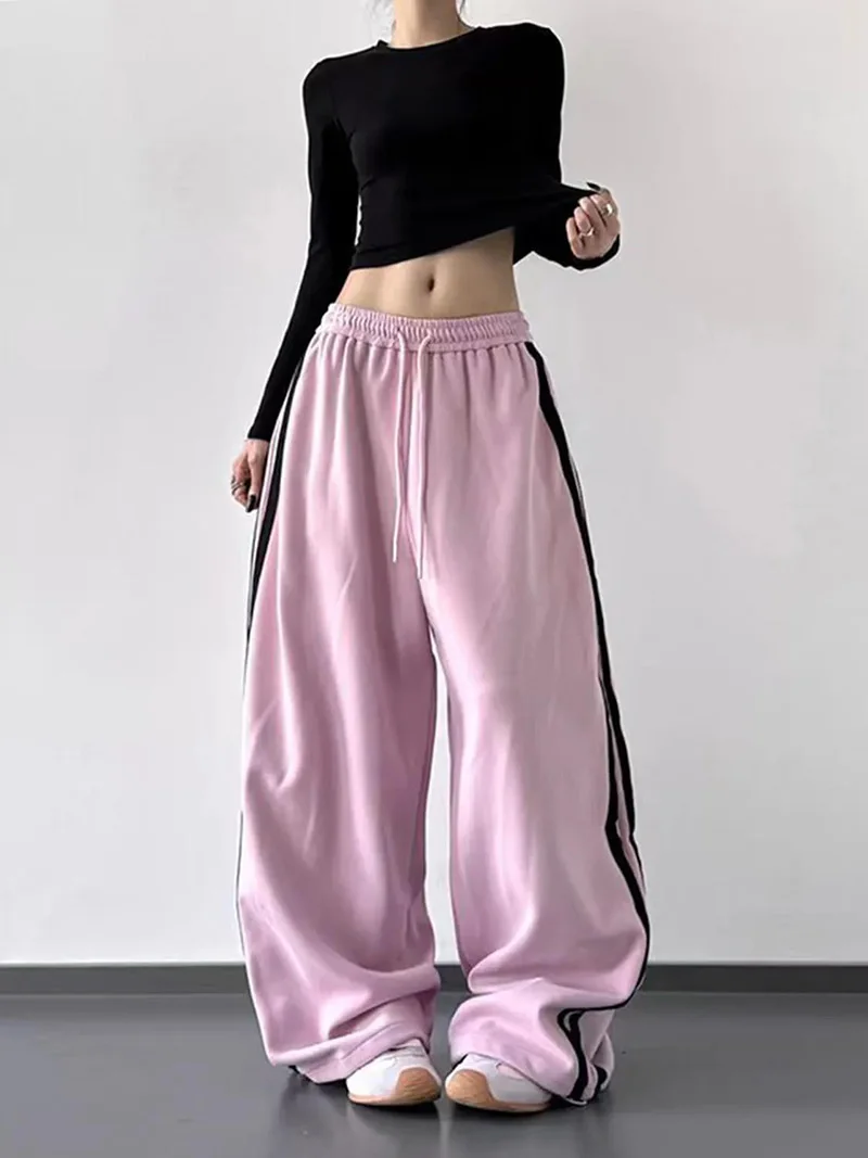 Y2K Vintage Striped Sweatpants Women Streetwear American Hip Hop Loose Pants Retro High Waist Casual Lace Up Spring Bf Trousers