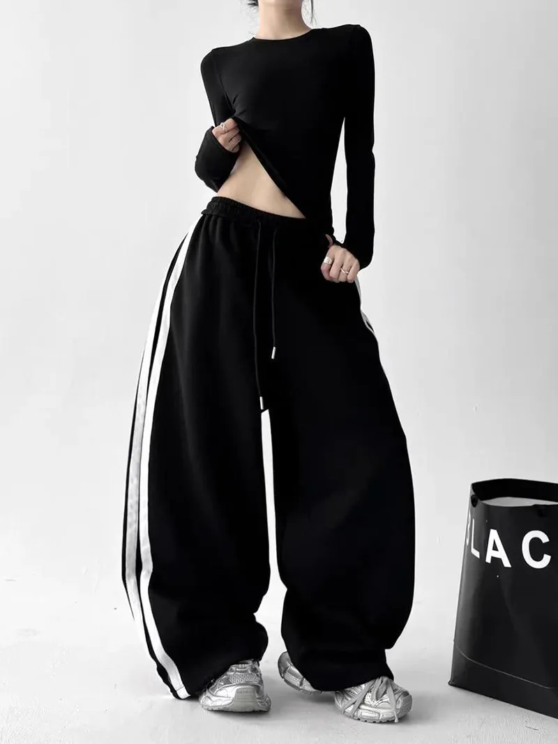 Y2K Vintage Striped Sweatpants Women Streetwear American Hip Hop Loose Pants Retro High Waist Casual Lace Up Spring Bf Trousers