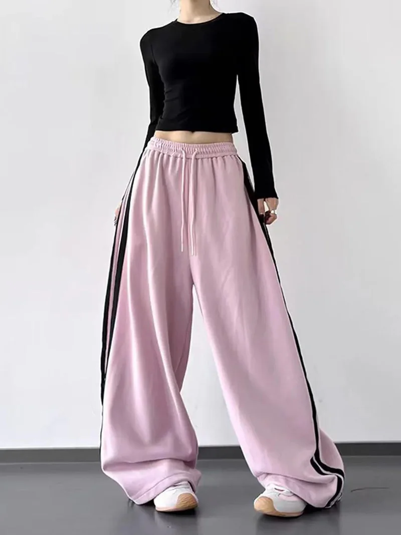 Y2K Vintage Striped Sweatpants Women Streetwear American Hip Hop Loose Pants Retro High Waist Casual Lace Up Spring Bf Trousers