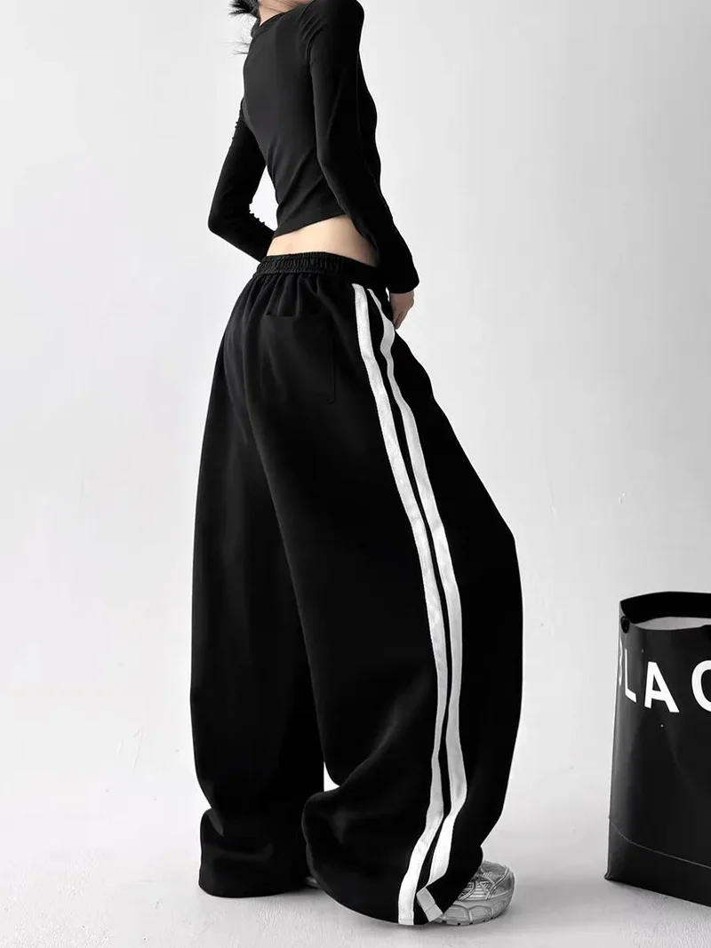 Y2K Vintage Striped Sweatpants Women Streetwear American Hip Hop Loose Pants Retro High Waist Casual Lace Up Spring Bf Trousers