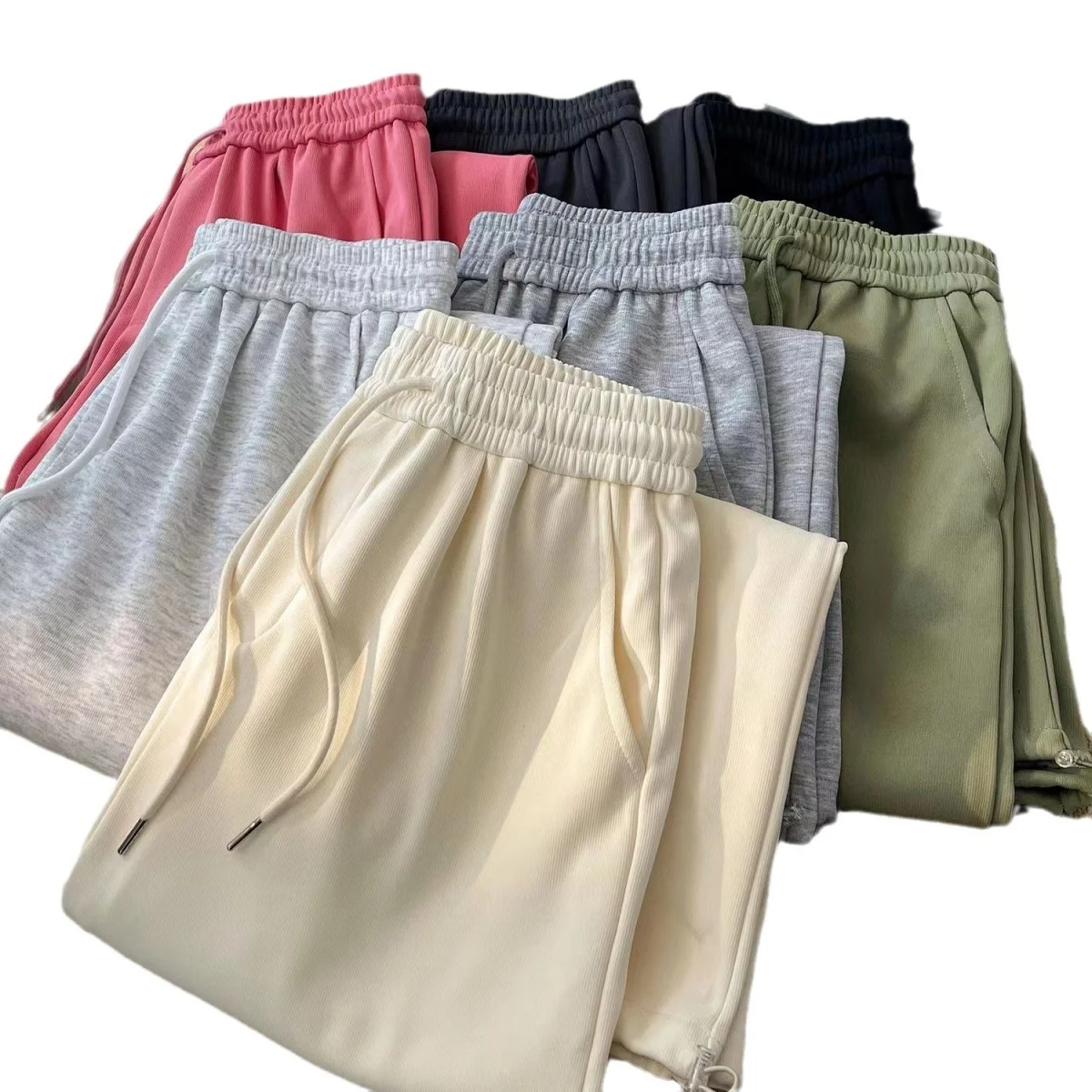 Retro Fashion Loose Straight Leg Casual Pants Harajuku Street Wear Women Baggy Pants High-Waisted Drawstring Solid Sports Pants