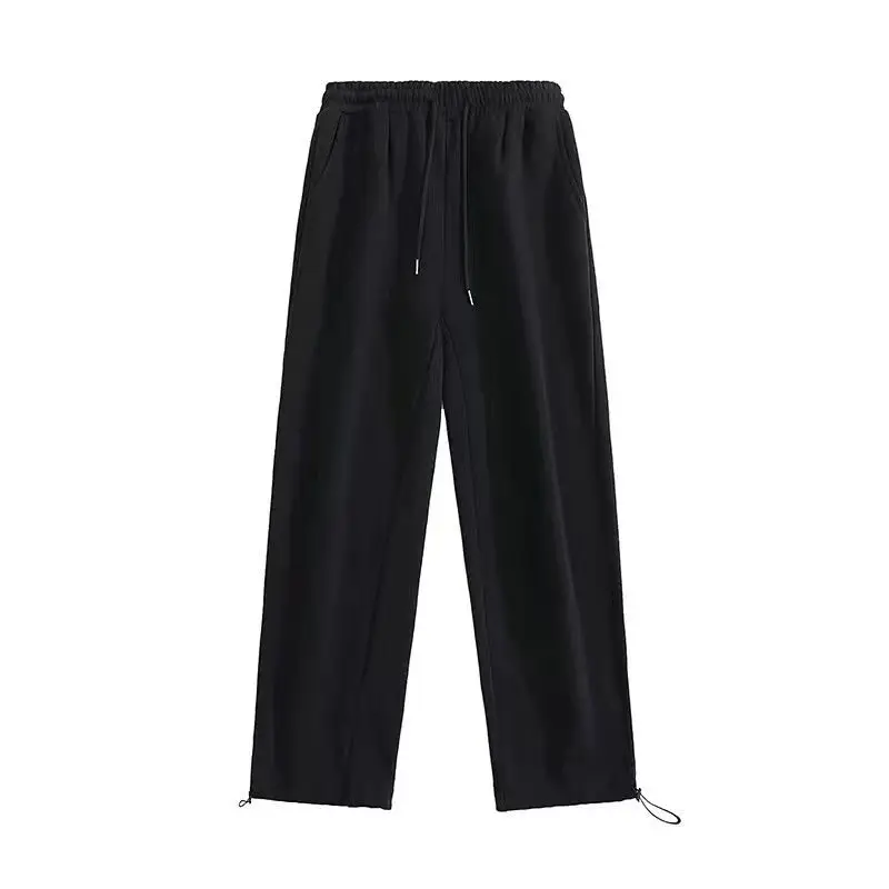 Retro Fashion Loose Straight Leg Casual Pants Harajuku Street Wear Women Baggy Pants High-Waisted Drawstring Solid Sports Pants