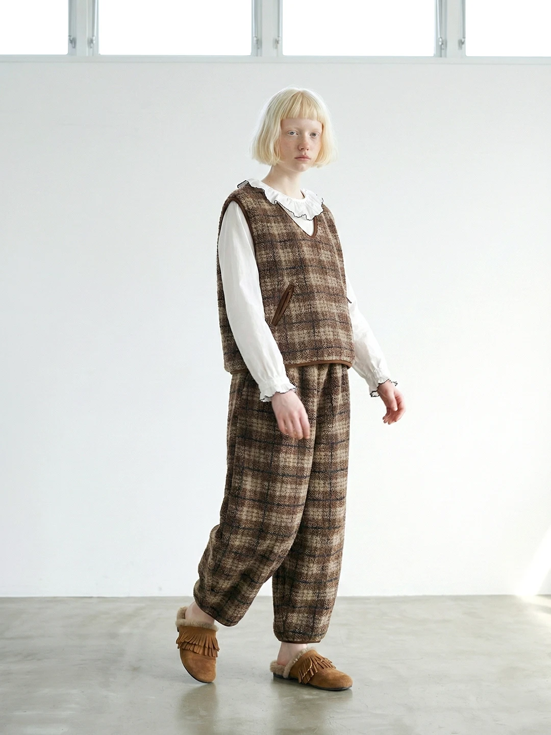 imakokoni Brown Vintage Plaid Elastic Waist Carrot Pants Women's Pants Warm Casual Female Clothing for Women