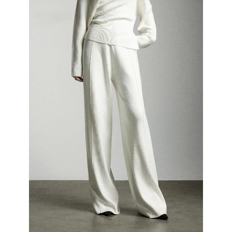 2026 Wool Elastic Waist Knitted Wide-Leg Pants for Women Winter High-Waisted Straight Loose Floor-Length Casual Pants