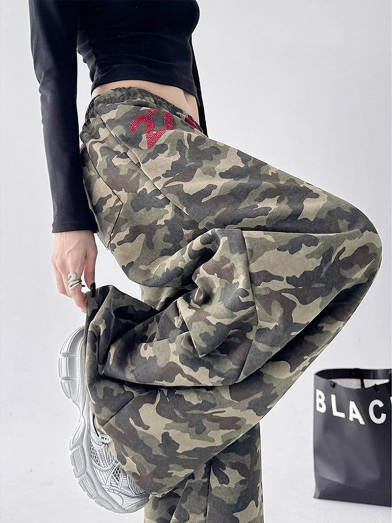 Streetwear Y2K Camouflage Pants Women Letter American Harajuku High Waist Wide Leg Trousers Spring Hip Hop Bf Vintage Loose Pant