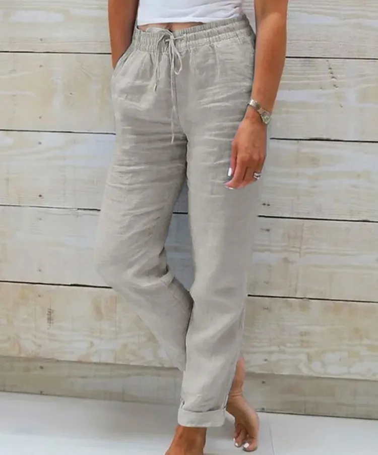 Pant women 2026 casual new high-waisted tight-waisted solid-color lace pocket cotton linen casual pants clothing