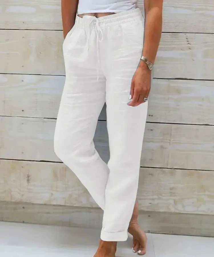 Pant women 2026 casual new high-waisted tight-waisted solid-color lace pocket cotton linen casual pants clothing