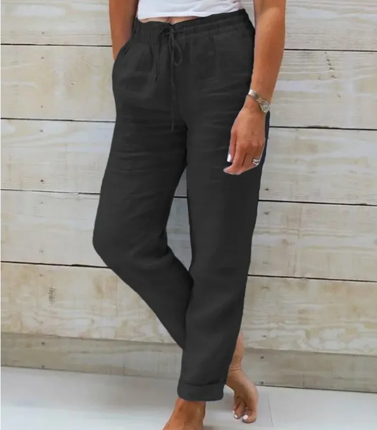 Pant women 2026 casual new high-waisted tight-waisted solid-color lace pocket cotton linen casual pants clothing