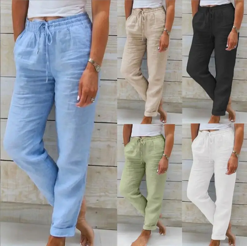 Pant women 2026 casual new high-waisted tight-waisted solid-color lace pocket cotton linen casual pants clothing