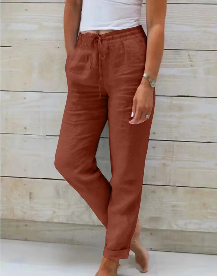 Pant women 2026 casual new high-waisted tight-waisted solid-color lace pocket cotton linen casual pants clothing