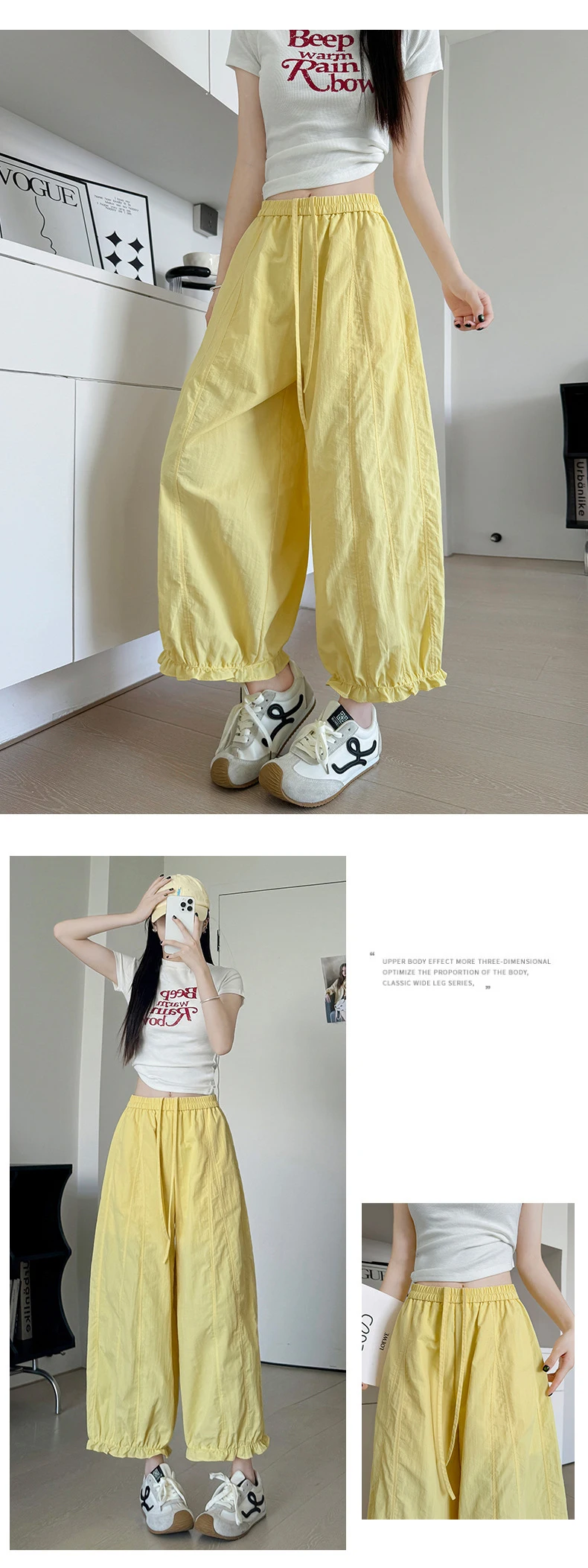 Korean Fashion Ruffles Lantern Pants Woman Summer Loose Ankle Length Wide-leg Trousers Women Solid Elastic Waist Casual Pants